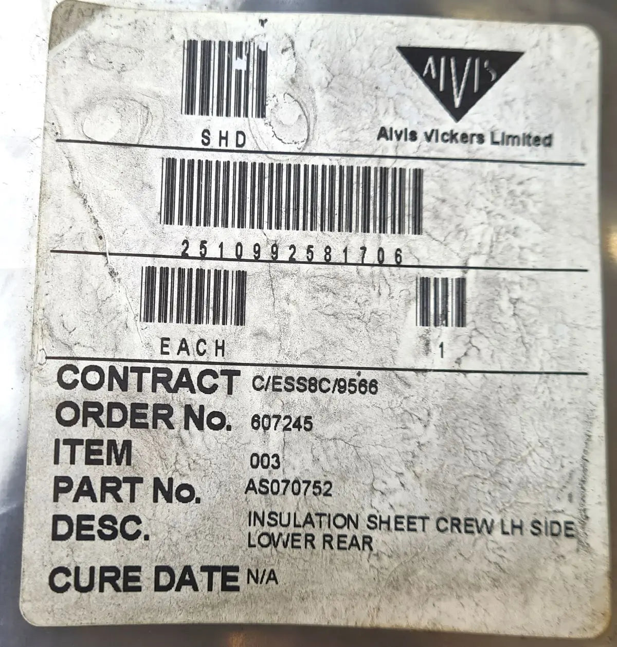 2510-99-258-1706 - Crew Insulation Sheet LH Side Lower Rear - AS070752 - SHD Alvis Vickers Ltd battlegroup-raydon