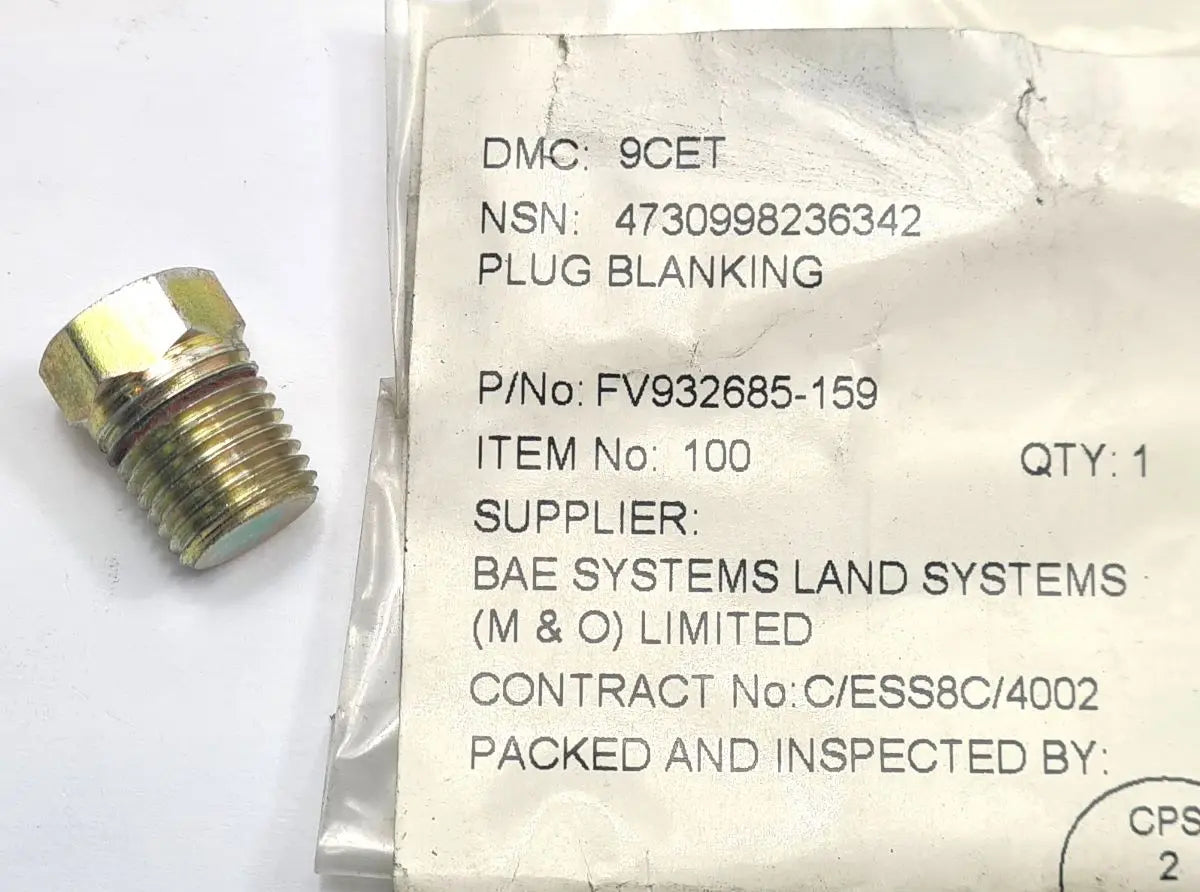 4730-99-823-6342 - Blanking Plug 1/4 inch NPT thread - 9CET - FV932685-159 - 6MT1 - BAE Land Systems battlegroup-raydon