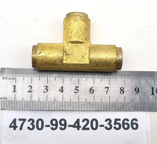 4730-99-420-3566 - Tee Piece - Brass - 54.2mm O/A Long - 3/8 inch OD Tube - all ends - 6MT1 - RAK2114 - Leyland Daf battlegroup-raydon battlegroup-raydon